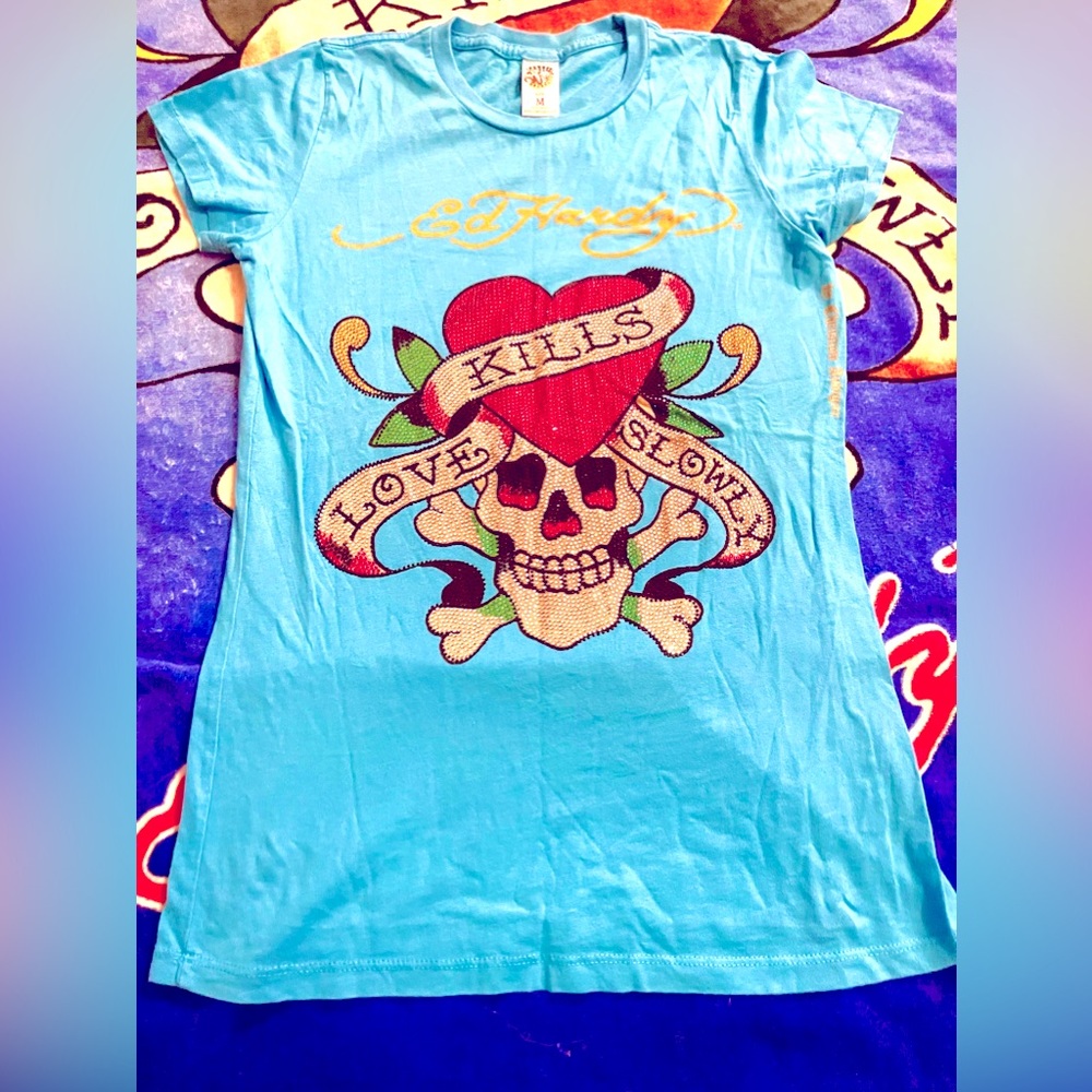 Ed Hardy turquoise sky blue t-shirt top shirt vintage retro Y2K gem bedazzled